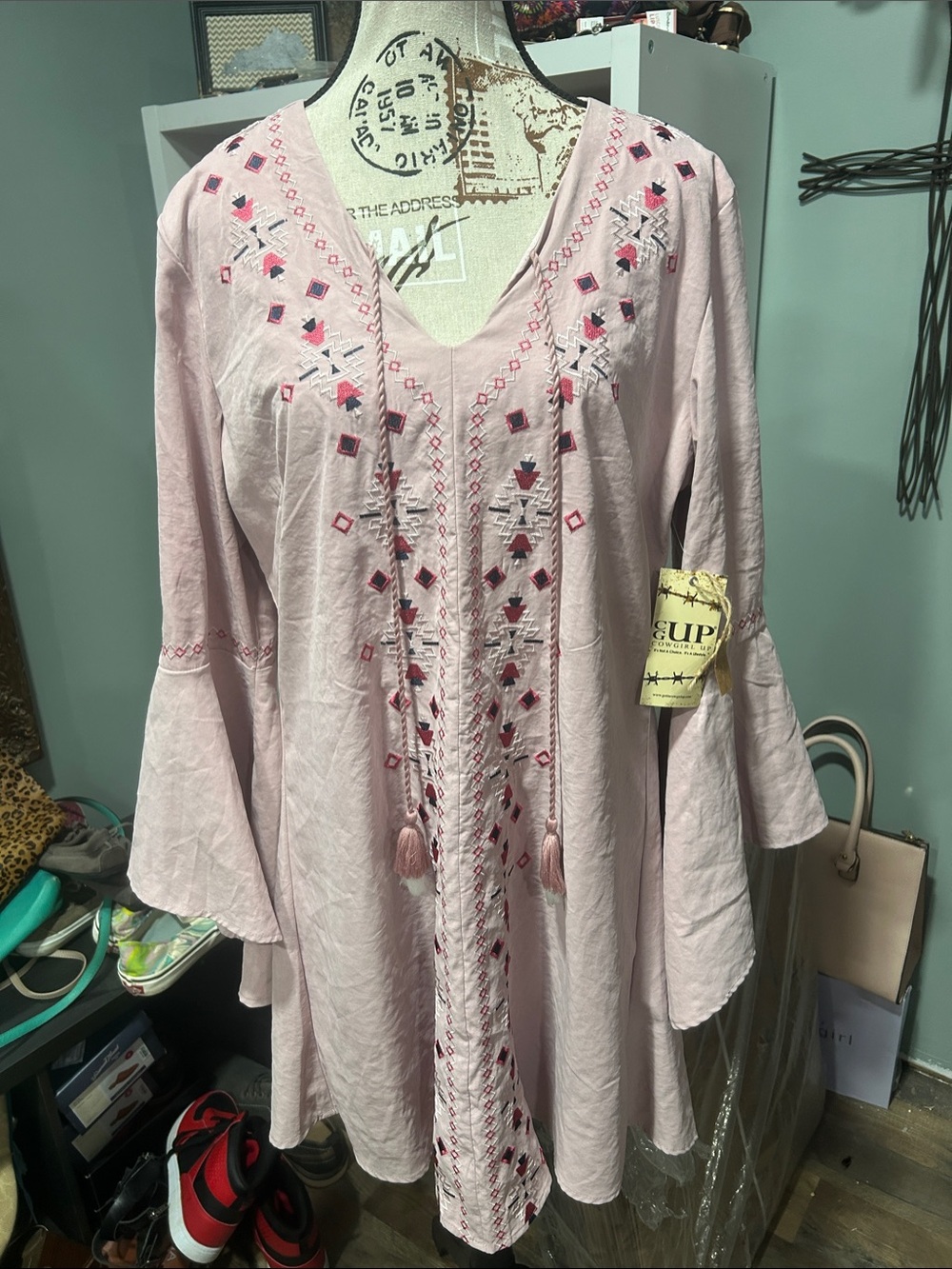 Bohemiian-style Cowgirl Up dress with wide bell sleeves embroidered v-split neck